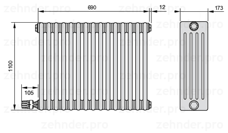 Схема (чертеж) Радиатор Zehnder Charleston 5110/15 №V003 Белый глянцевый RAL 9016